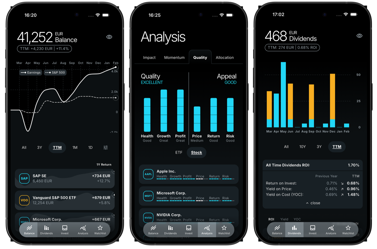 Prisma investment portfolio tracker app showing stock performance, dividends, and diversification analysis